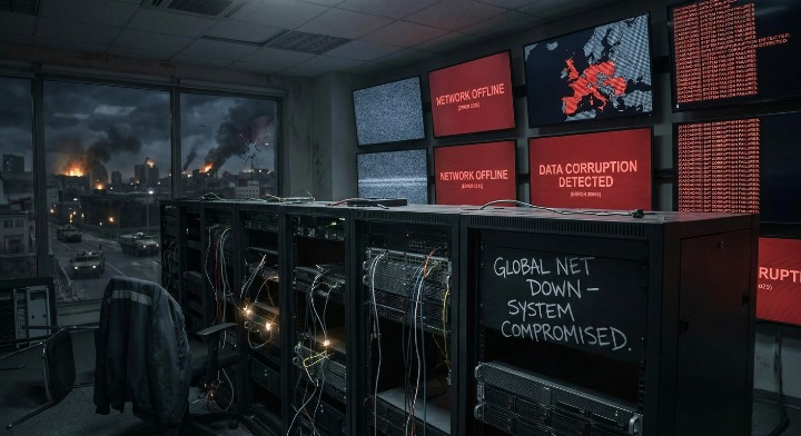 Server room with network failure and system outage alerts